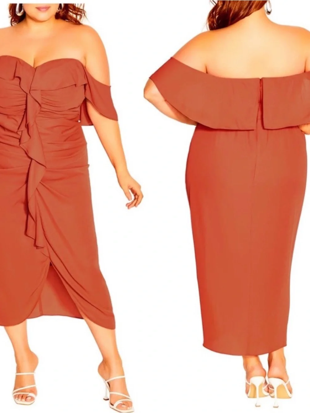 City Chic Va Va Voom Burnt Orange Ruffle Midi Dress | Size S / 16
